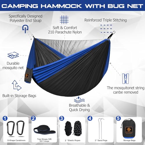 Image of Camping Hammock, Portable Hammocks with Mosquito Net,Lightweight Nylon Parachute Hammock with 10ft Tree Straps,Camping Gear Must Haves for Travel Hiking Backpacking Beach Patio-Deep Grey&Blue