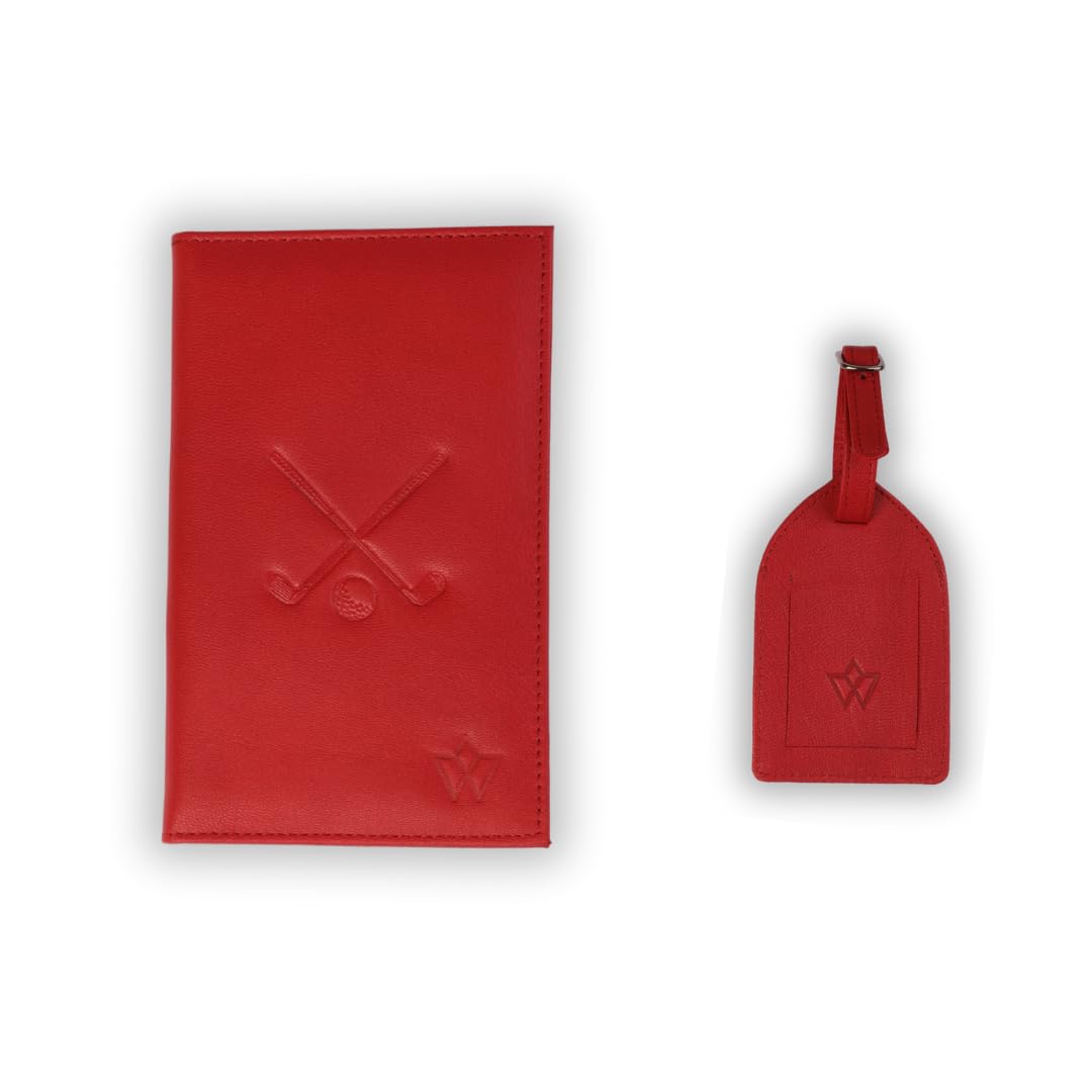 WASAMA Golf Score Card & Tee Holder – Genuine Leather Gift Set, Fits Standard Golf Accessories, Striking Red