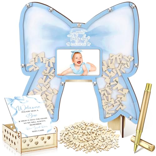 Image of Wenqik 63 Pcs Coquette Blue Bow Baby Shower Guest Book Alternatives Set Baby Shower Decorations with Photo Frame Sonogram Frame Keepsake 60 Wood Slices Guest Book for Birthday
