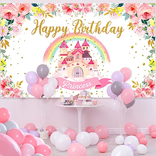 Tegeme TEGEME-BIRTHDAY PARTY-05 Princess Birthday Party Backdrop Pink Royal Castle Birthday Photography Background Rainbow And Flower Happy Birthday Party Background Banner thumb #3