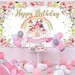 Tegeme Princess Birthday Party Backdrop Pink Royal Castle Photography Background Rainbow and Flower Background Banner for Girl Baby Birthday Decoration, 6 x 3.6 ft - Image 4