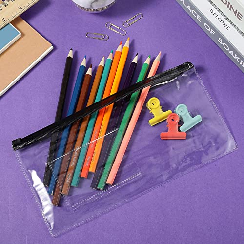 100 Pieces Poly Zip Envelope Clear Pencil Case Bulk With Label Pocket Clear Plastic Envelopes With Zippered, A6 Pencil Bags For Cash Money, School Office Supplies, 9.2X4.7Inches (Black) #TOP5