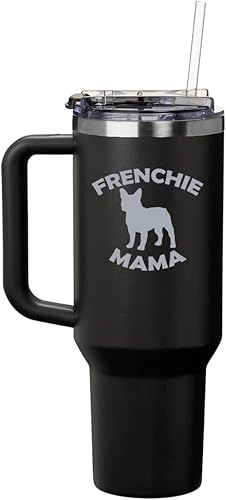 Miniatura 3 de Daylor Vaso de 40 onzas con asa y tapa con pajilla, taza de viaje aislada de acero inoxidable, taza de viaje Frenchie Mama Bulldog francés (morado)