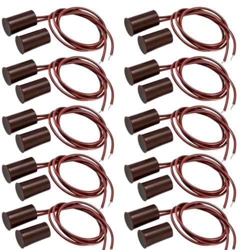 VISSQH 10pcs RC 33 Interruptor de láminas magnético, Alarma, Sensor de Contacto para Puerta o Ventana de Seguridad, cableado empotrable, NC Puerta Ventana Contacto，marrón,Cilíndrica