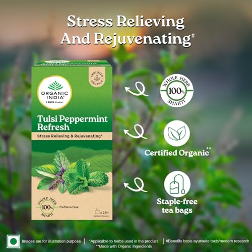 Image of ORGANIC INDIA Tulsi Peppermint Refresh 25 Tea Bags || Stress Relieving & Rejuvenating || Feeling Refreshed || Tulsi Tea - 25 Tea Bags