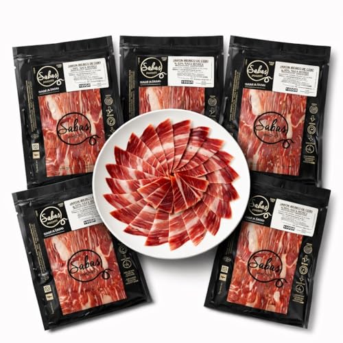 SABE A SABAS Jamon Iberico de Cebo 50% Raza Iberica Loncheado Cortado a Cuchillo 5 Sobres 100 g Envasados al Vacio Charcuteria Gourmet para Aperitivo Tapeo Delicatessen y Regalo Fiesta