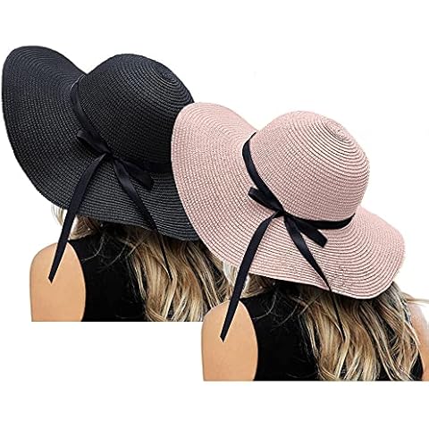 ZOORON Womens Floppy Summer Sun Beach Straw Hat, Foldable Wide Brim Hats with Bowknot UPF50 - - M Cover