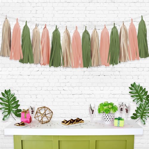 Image of Retro Pink Sage Green Tassel Garland for Woodland Baby Shower Decorations Boho Birthday Party Gender Reveal Decorations 15PCS