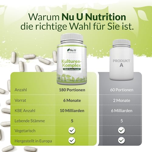 Kulturen Komplex Probiotika Darmsanierung - 180 Kapseln - 6 Monate Vorrat - Hochdosierte BacterienKulturen mit Lactobacillus Acidophilus & Bifidobacterium - Nu U Nutrition