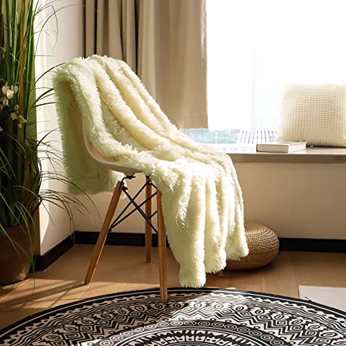 Decorative Extra Soft Faux Fur Blanket Twin Size 70" X 78",Solid Reversible Fuzzy Lightweight Long Hair Shaggy Blanket,Fluffy Cozy Plush Fleece Comfy Microfiber Blanket For Couch Sofa Bed,Light Yellow #TOP1
