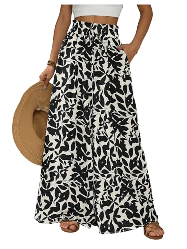 SOLY HUX Women's Boho Print Wide Leg Palazzo Pants Tie Front High Waisted Baggy Loose Long Trousers with Pockets