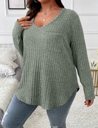 Image of Koscacy Women Plus Size Casual Knit Sweater with Pocket V Neck Solid Color Tops Lightweight Long Sleeve Blouses