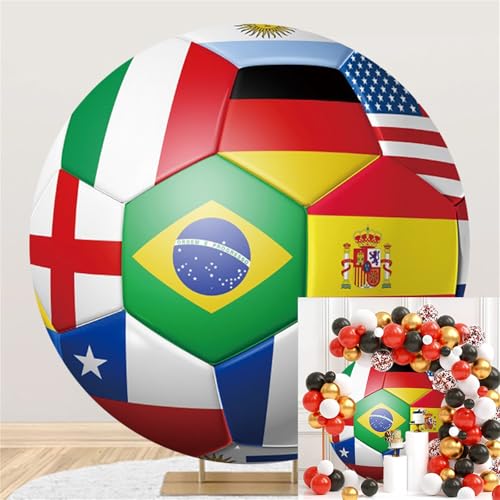 Polyester Diameter 3ft Round Backdrop World Cup Flag Pattern Soccer Photography Background Soccer Fans Birthday Party Cake Table Decoration Supplies Portrait Studio Photo Props