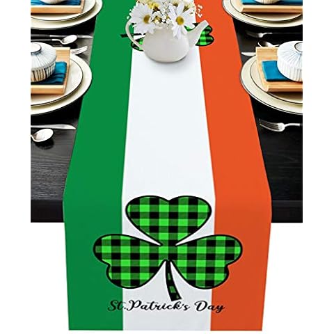 St. Patrick's Day Irish Flag Table Runner Dresser Scarf, Buffalo Green Checkered Clover Decorative Table Runners for Home Kitchen Dinning Room Banquet Holiday Party, 13x48In Cover