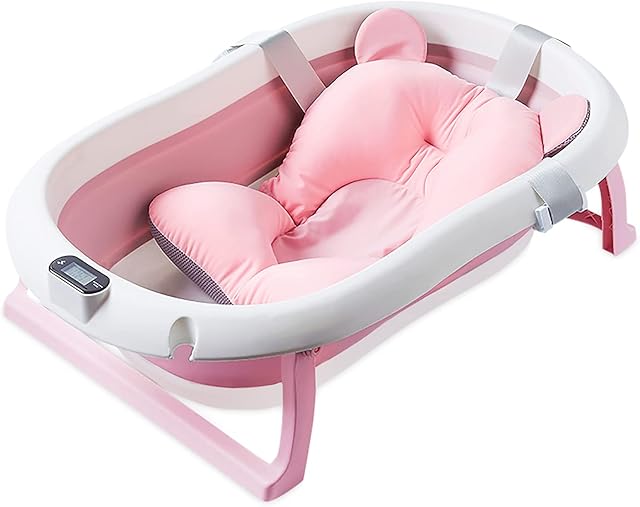 SONARIN Foldable Baby Bathtub with Temperature Sensing,Collapsible Bath Tub,Portable Safe Shower Basin with Cushion Pad Water Plug Non-Slip Support Leg for Newborn,Toddler,Infant(Pink)