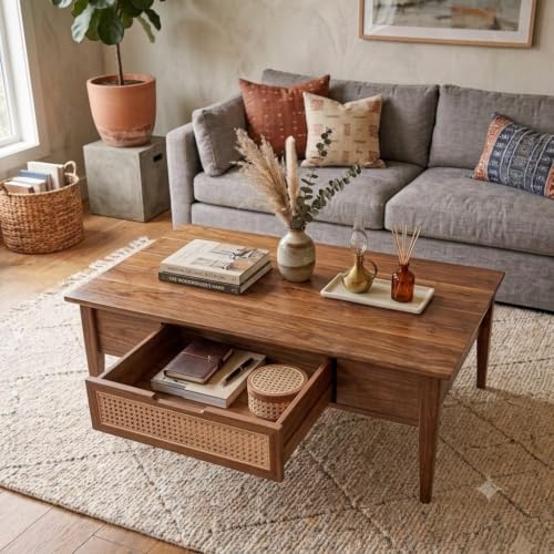 Image of Solid Sheesham Wood Coffee Table & Center Table for Living Room with Rattan Cane Lift-Down Shutter & Open Shelf, Solid Wooden Teapoy for Sofa with Storage | Tea Table (D-Honey)