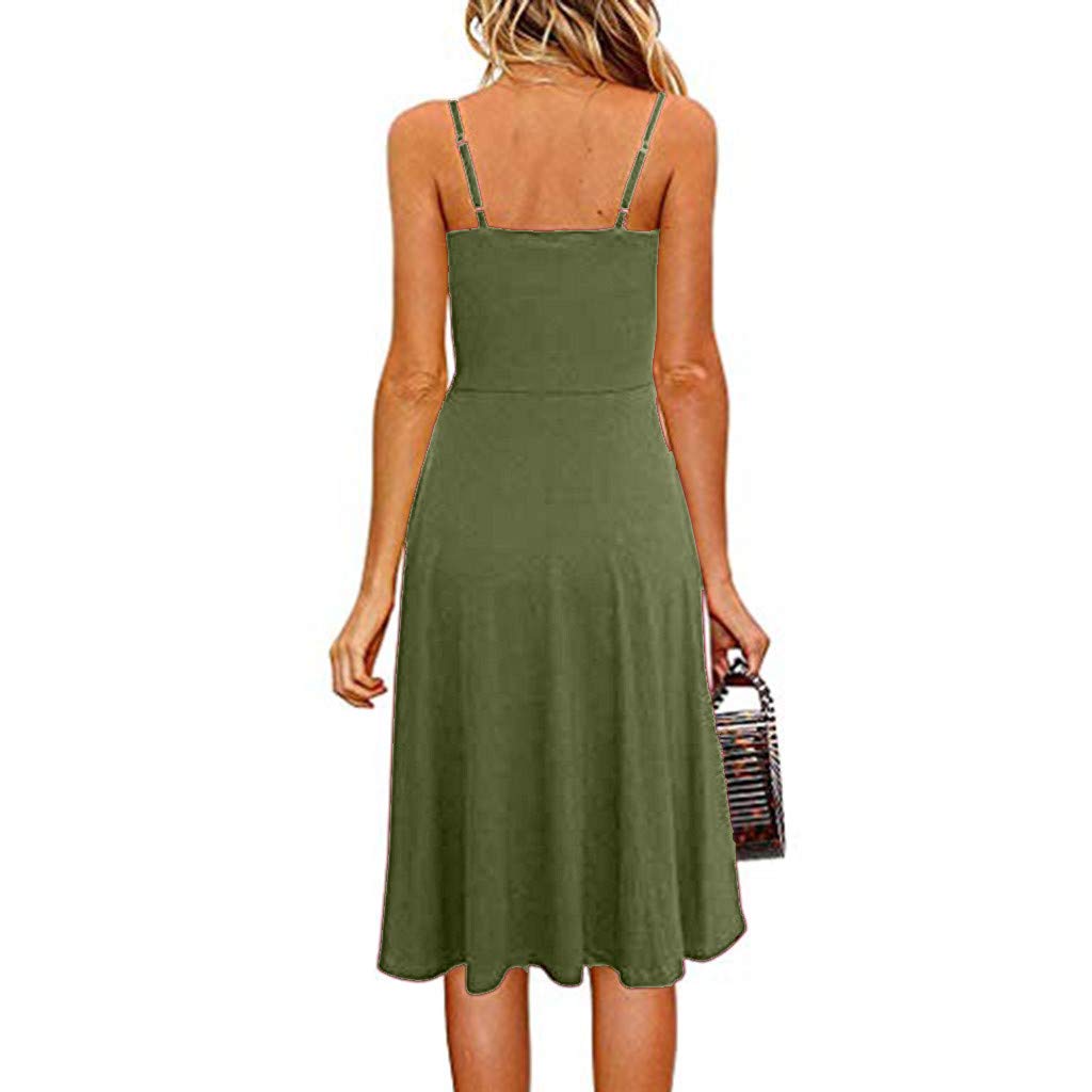 Topassion Women Strappy Mini Dress with Button,Summer Dress Spaghetti Strap Sundress with Pockets,Summer Beachwear Midi Dress Swing A-Line Dresses, Loose Party Long Dress