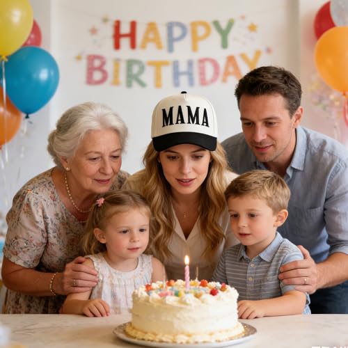 Image of Women's Mama Trucker Hat Trendy, Embroidered Adjustable Mom Baseball Cap, Two-Tone Ponytail Hat for Outfits