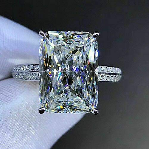 White Gold Plated Silver Engagement Wedding Ring with Large Carat Emerald Cut Cubic Zirconia CZ Oversized 6 Carat 3A Zircon Engagement Cushion Cut Halo Engagement Ring Size 63