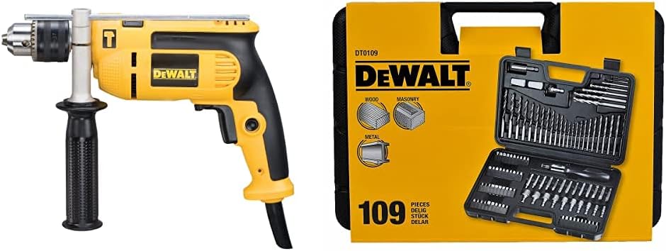 DEWD024K DWD024KS 230 Volt Percussion Drill 13 mm with Kitbox, 701 W, Yellow/Black & DT0109 Screwdriver and Drillbit Set (109 Pieces)