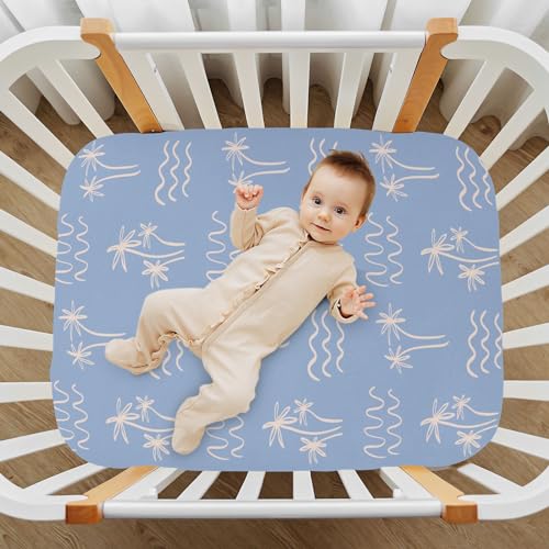 Image of Fitted Crib Sheets Palm Tree Ocean Waves Boho Stretchy Portable Playard Sheets for Baby Toddler, Breathable Soft Mini Crib Mattress 39 x 27 in for Boys and Girls
