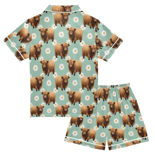 Cow Daisy Flowers Pattern Summer Satin Pajama Set, Cute Button-Down Sleepwear Pj Set for Sleep Wears2