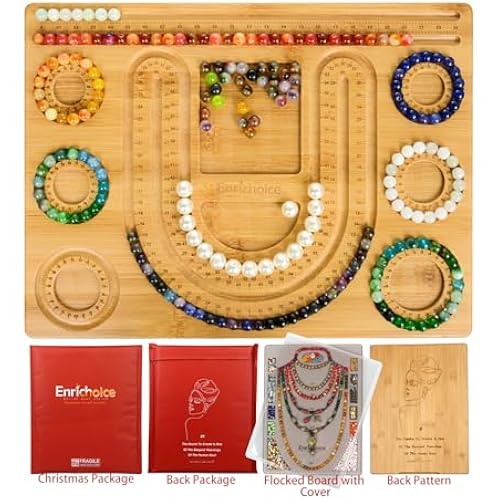 Enrichoice multifunctional bead boards set for design jewelry making with cover,beautiful inscription on the back,bracelet measurement bamboo beadboard, PVC necklace neading trays sizer measuring mats