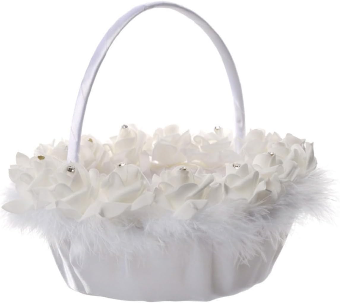 Beavorty White Wedding Flower Basket for Flower Girl Handheld Wedding Basket with Handle for Ceremony