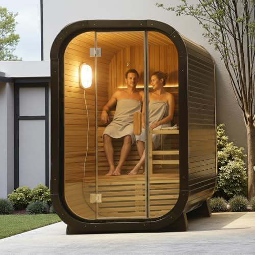 AURGOD Outdoor Cube Sauna 2 Person, Canadian Red Cedar Sauna, 220V 6KW Harvia Heater, Triple Waterproof System, Large Glass Windows, Double Reinforcement, Premium Light Strips(0-195 °F)