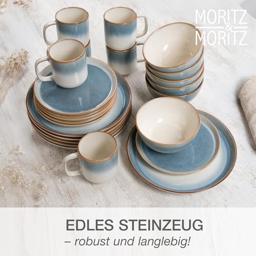 Moritz & Moritz TARENTO 24-tlg. Geschirrset 6 Personen Blau - Elegantes Teller Set aus hochwertigem Steinzeug - Geschirr Set aus 6x Dinnerteller, 6x Dessertteller, 6x Suppenteller und 6x Tassen