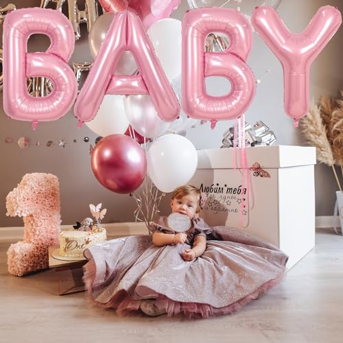 Image of 40 Inch Pastel BABY Balloon for Girls Baby Shower, Large Light Pink Foil Balloons Letters, Pearl Pink Mylar Alphabet Balloon Banner Sign for Gender Reveal Backdrop Party Decorations