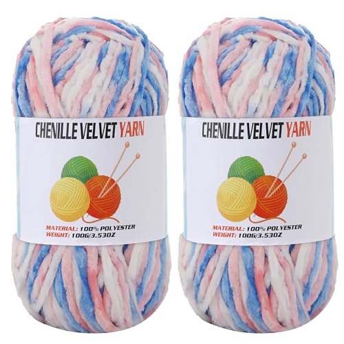 Image of 2 * 100g Velvet Chenille Chunky Yarn, Handcrafts Weaving Soft Chenille Yarn for Crocheting Clearance, Used for Making Baby Yarn Blanket, Clothes, Knitting Creations (Colorful - E)