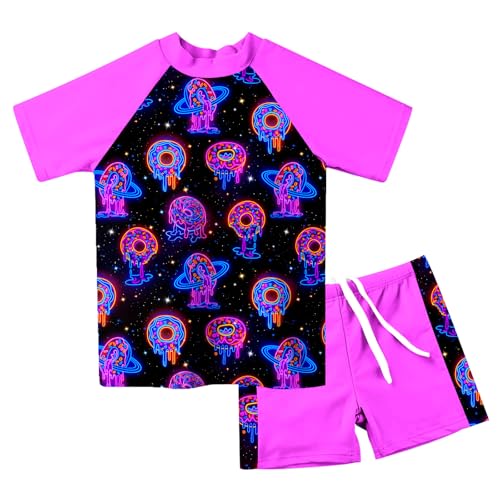 Image of AIDEAONE Girls Rash Guard Swimsuit Short Sleeve Two Piece Bathing Suit Size 3-12T