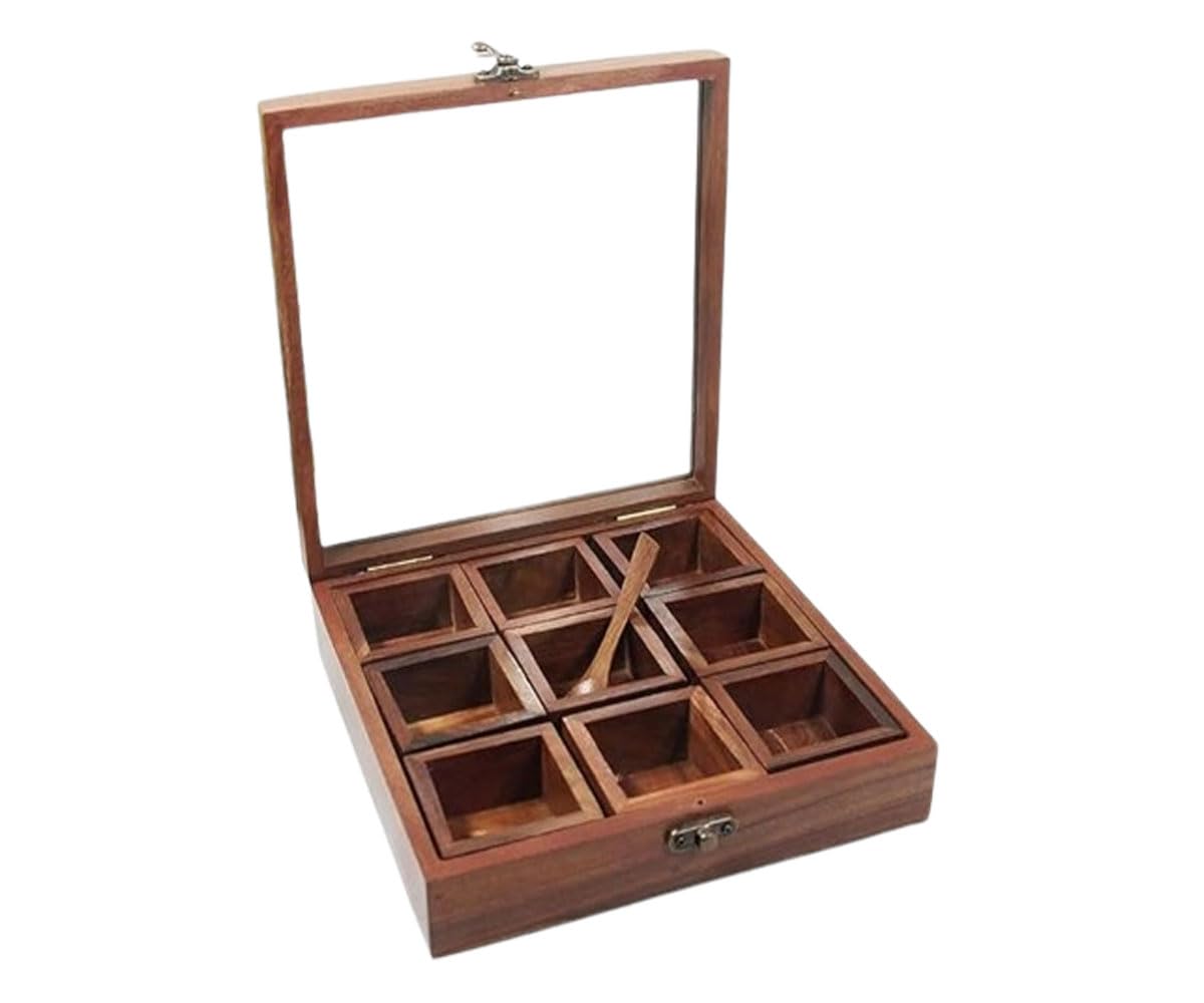 Wooden Spice Box for Kitchen, See Through Lid, Masala Box with Removable 9 Spice Containers and 1 Spoon, Spice/Masala Box - Brown