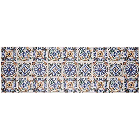 Baroni Teppich Läufer Vinyl Küche 60x180 cm Majolika Dekor farbig rutschfest waschbär PVC Cover