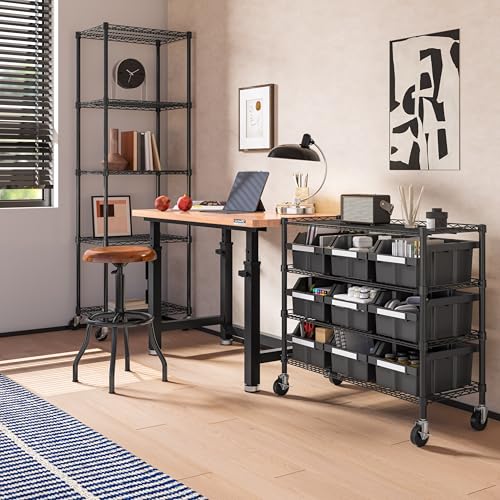 Image of 4-Tier NSF 9-Bin Steel Wire Shelving Rack, 36 inchW x 14 inchD x 31 inchH, Graphite | 9 slide-out bins with tilt-lock design keep supplies organized and accessible