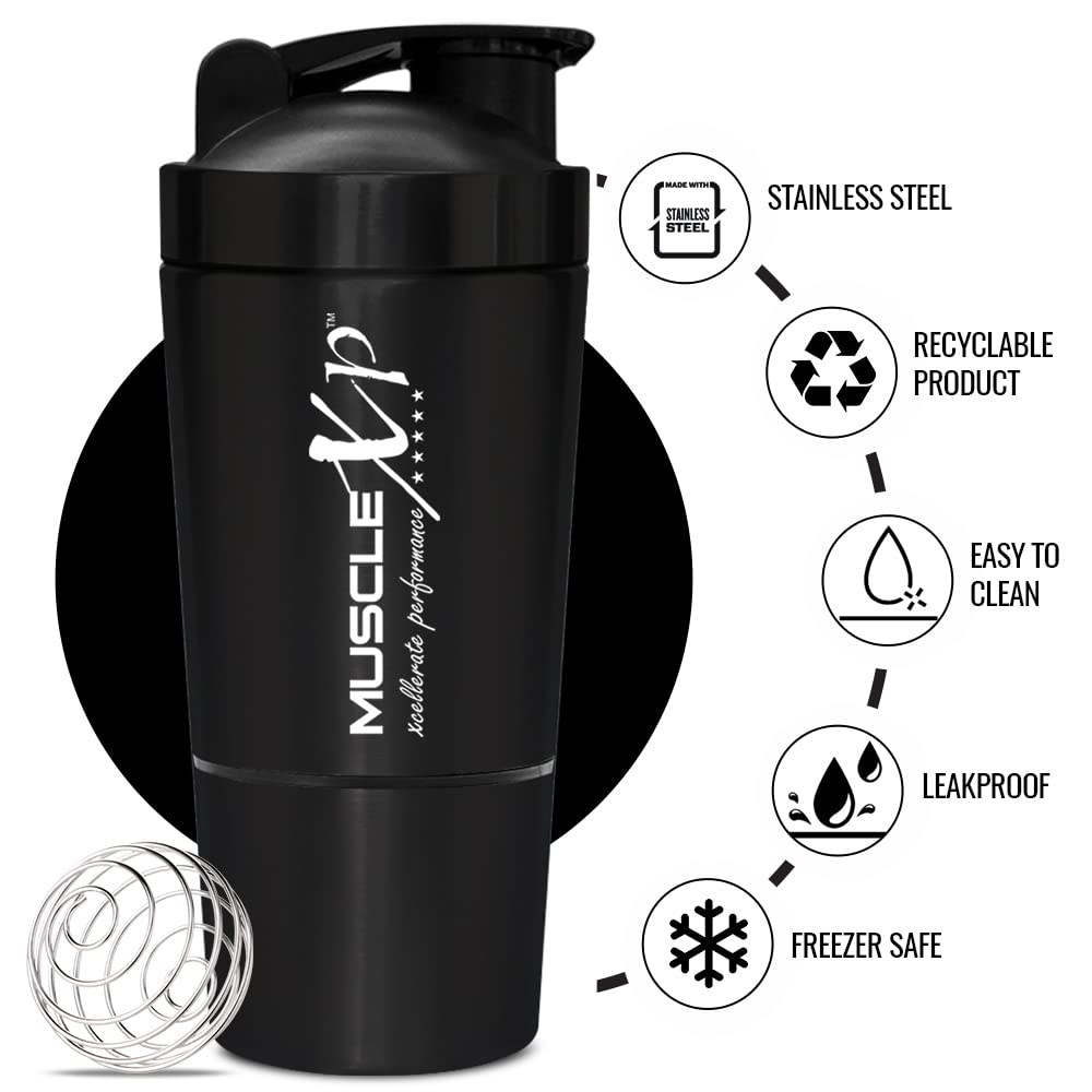 MuscleXP Gym Shaker Classic XP Mixer Mélangeur en acier inoxydable avec rangement, 100 % étanche, 591 ml + 200 ml pour protéines, pré-entraînement et BCAA, matériau sans BPA + boule à ressort (noir)