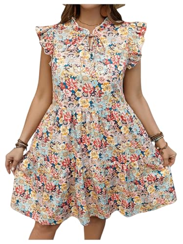 Image of Floerns Women's Plus Size Striped Tie Neck Dress Ruffle Cap Sleeve Short Tiered Dresses