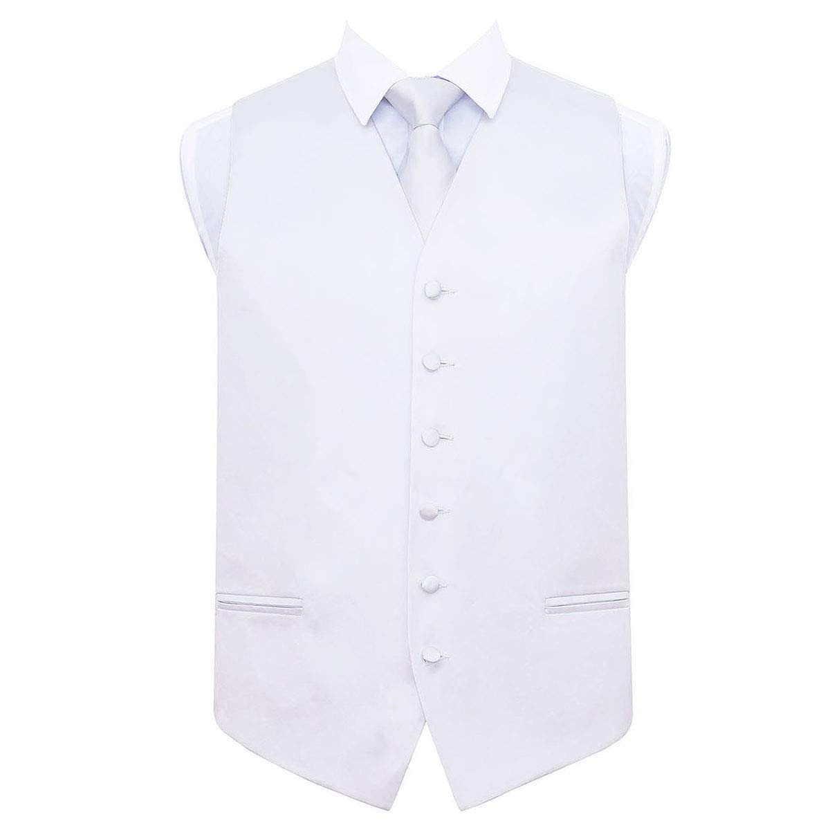 Dqt Men's White Plain Satin Waistcoat & Tie Set (2Pc) - Wedding, Business & Formal - 50" (5Xl)