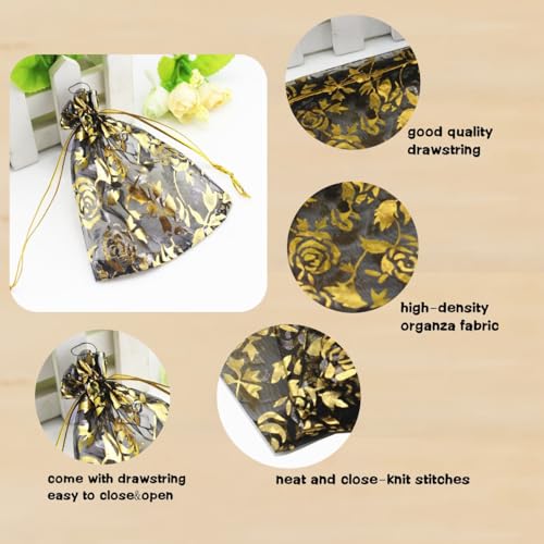 Image of QIANHAILIZZ 100 pcs 3.5 x 4.7 Inch Flower Heart Organza Jewelry Gift Pouch Candy Pouch Drawstring Wedding Favor Bags X92 (black gold flower)