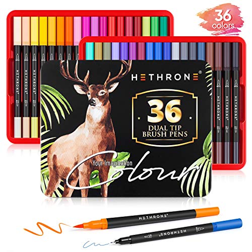 Juego de 36 marcadores para colorear Hetrono con doble pincel y marcadores de punta fina para libros de colorear para adultos, caligrafía, dibujo, bala, suministros artísticos