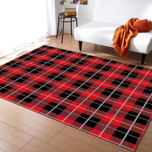 Area Map Wohnzimmerteppich Schlafzimmerteppich Rot-Schwarz Gestreiftes Retro-Karomuster Teppich 3D-Gedruckter Flauschiger Flanellteppich - Polyester-Soft-Touch, Leicht Zu Reinigen 80 X 120 Cm -1H0I8L8