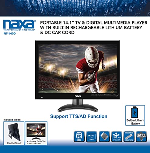 Image of Naxa NT-1400 Portable 14.1-inch TV and Digital Multimedia Player with Built-in ATSC Tuner for Over-The-Air HD TV, USB Support, Rechargeable Lithium Battery, AC Power, and DC Car Cord, Black