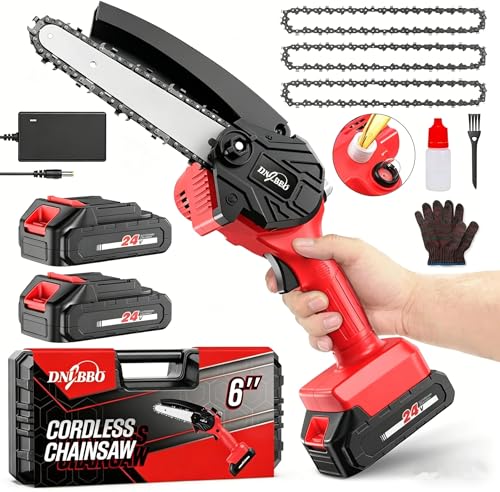 HAJACK 6-Inch Electric Mini Chainsaw, Cordless with Auto Oiler, 3 Chains & 2 Batteries, Handheld Small Chainsaw for Trimming & Cutting