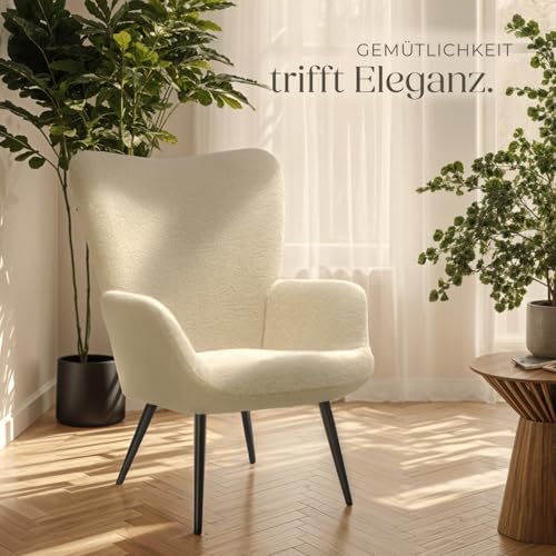 tectake® Skandinavischer Stil Ohrensessel, Teddy Sessel Hygge, Bouclé Sessel Wohnzimmer, Schlafzimmer, Statement Piece Loungesessel, belastbar bis 150 kg