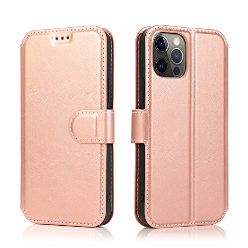 Étui iPhone 12 Pro Max QLTYPRI rose doré avec fentes pour cartes et support béquille
