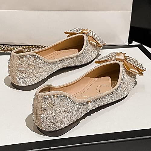 Stunner Women's Pearls Diamond Bowtie Pointy Toe Bling Dress Flat Shoes Soft Comfortable Wedding Ballerina Flats3