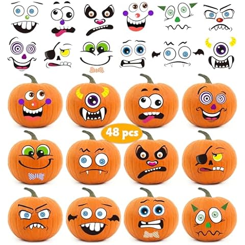 RINOLY 48 Pack Pumpkin for Decorating,Halloween Pumpkin Stickers Face for Kids,Make 48 Small Pumpkin Stickers,Halloween Party Supplies Gifts 24 Sheets Cover