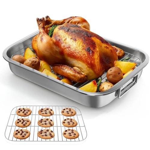 LENND Stainless Steel Roasting Pan Roaster Pan with Baking Rack Stainless Steel Cookware Lasagna Pan with Handles for Kitchen Large Grill Pan Deep Baking Pans Oven and Dishwasher Safe Non-Stick