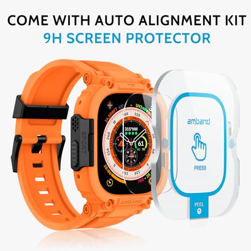 Image of amBand Bands Case Screen Protector Compatible with Apple Watch Ultra 3 /2 /1 49mm, M1 Sport Series Rugged Cover Strap and 9H Tempered Glass Film, Protective Bumper for iWatch 49 mm Men Orange